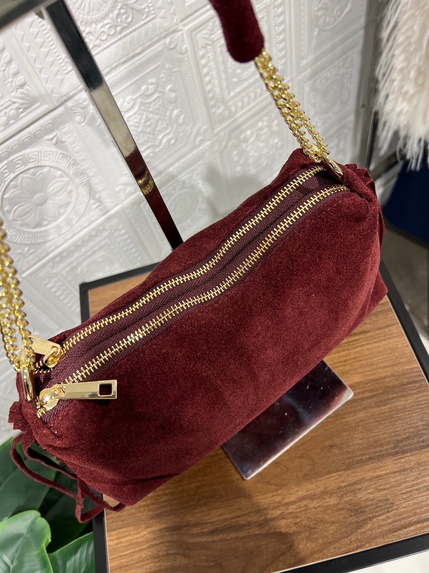 Borsa Vera Pelle Frange Bordeaux