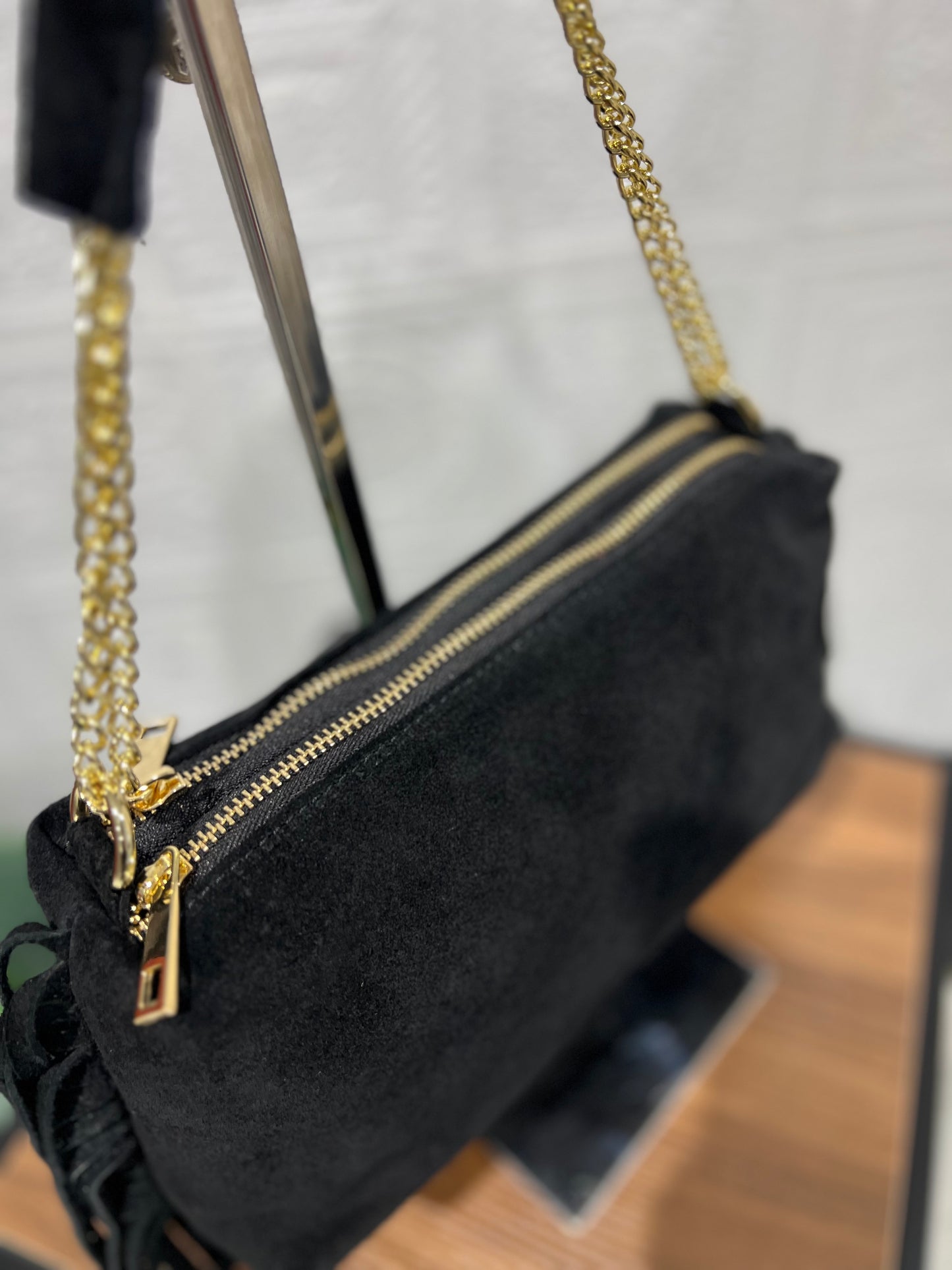 Borsa Vera Pelle Frange Nera