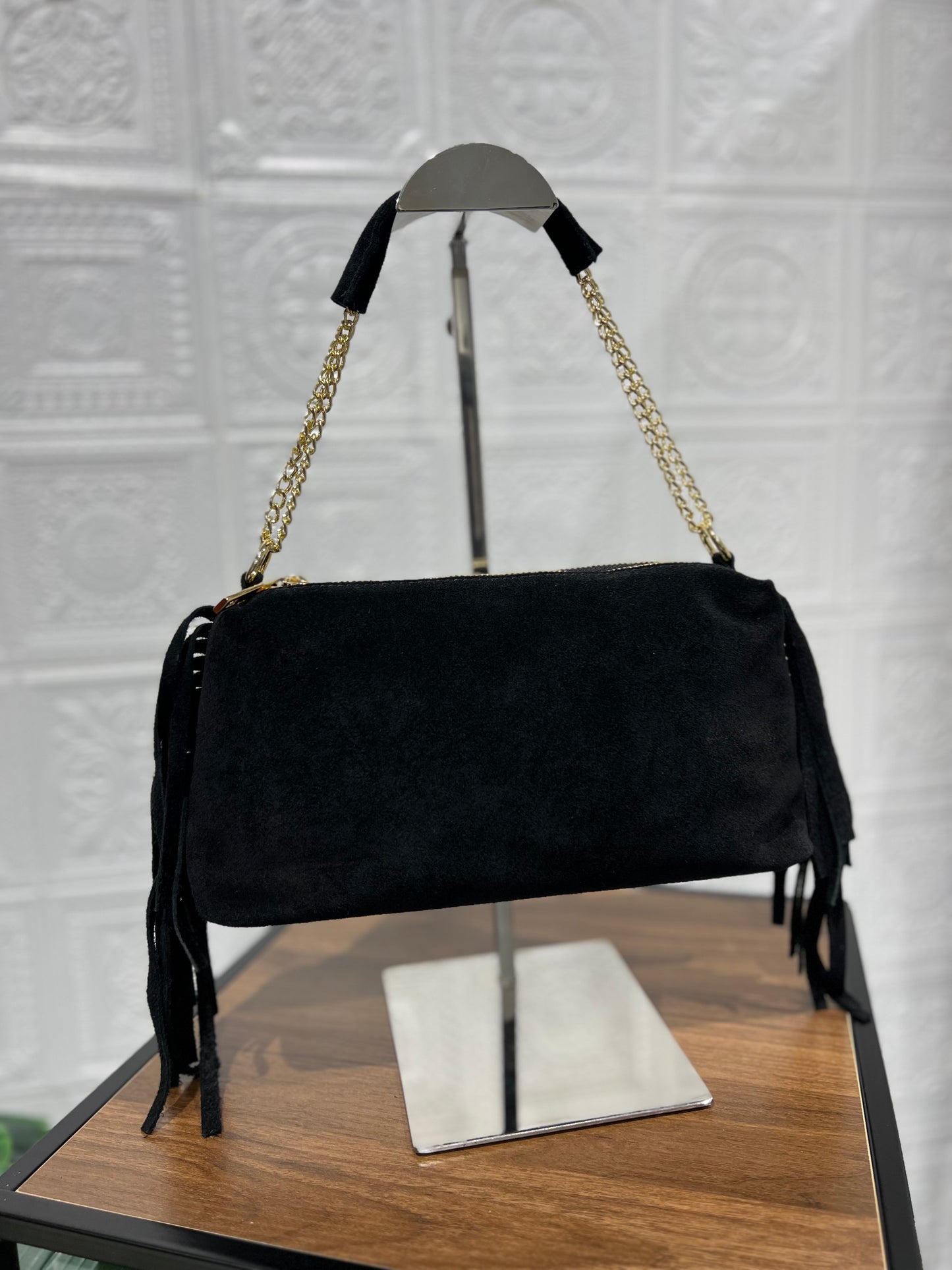 Borsa Vera Pelle Frange Nera