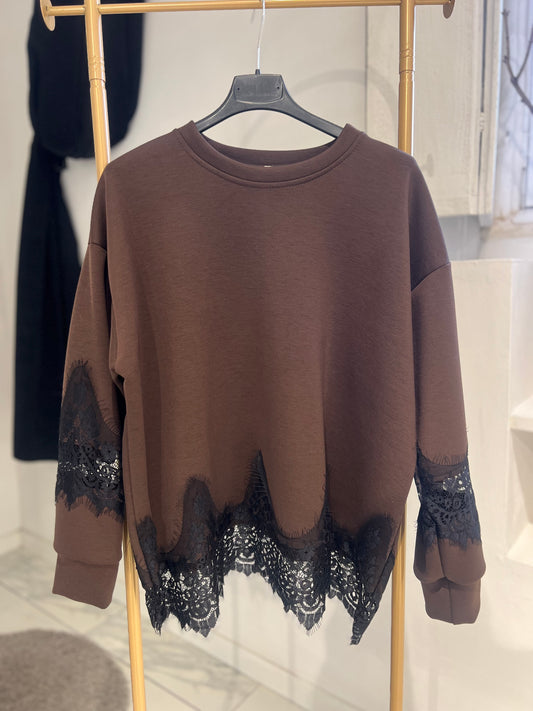 Felpa Con Pizzo Marrone