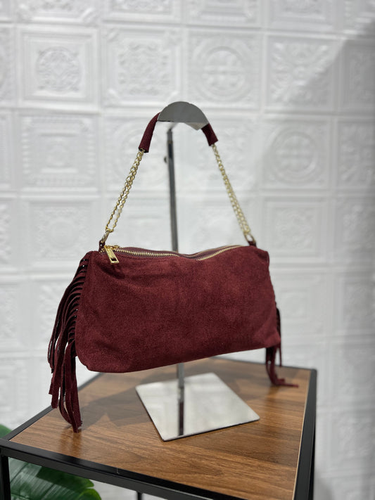 Borsa Vera Pelle Frange Bordeaux