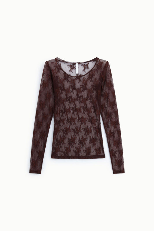 Top trasparente a maniche lunghe cioccolato